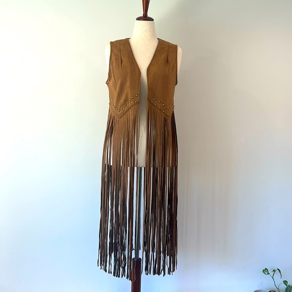 SHEIN Tan Fringe Vest with Stud Accents